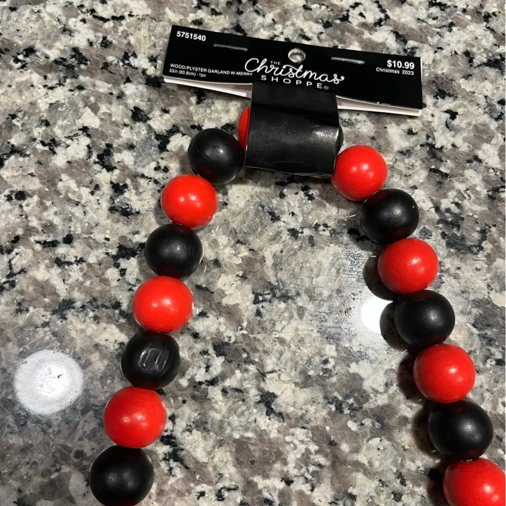 New! Black and red wooden bead garland, “merry Christmas” decor